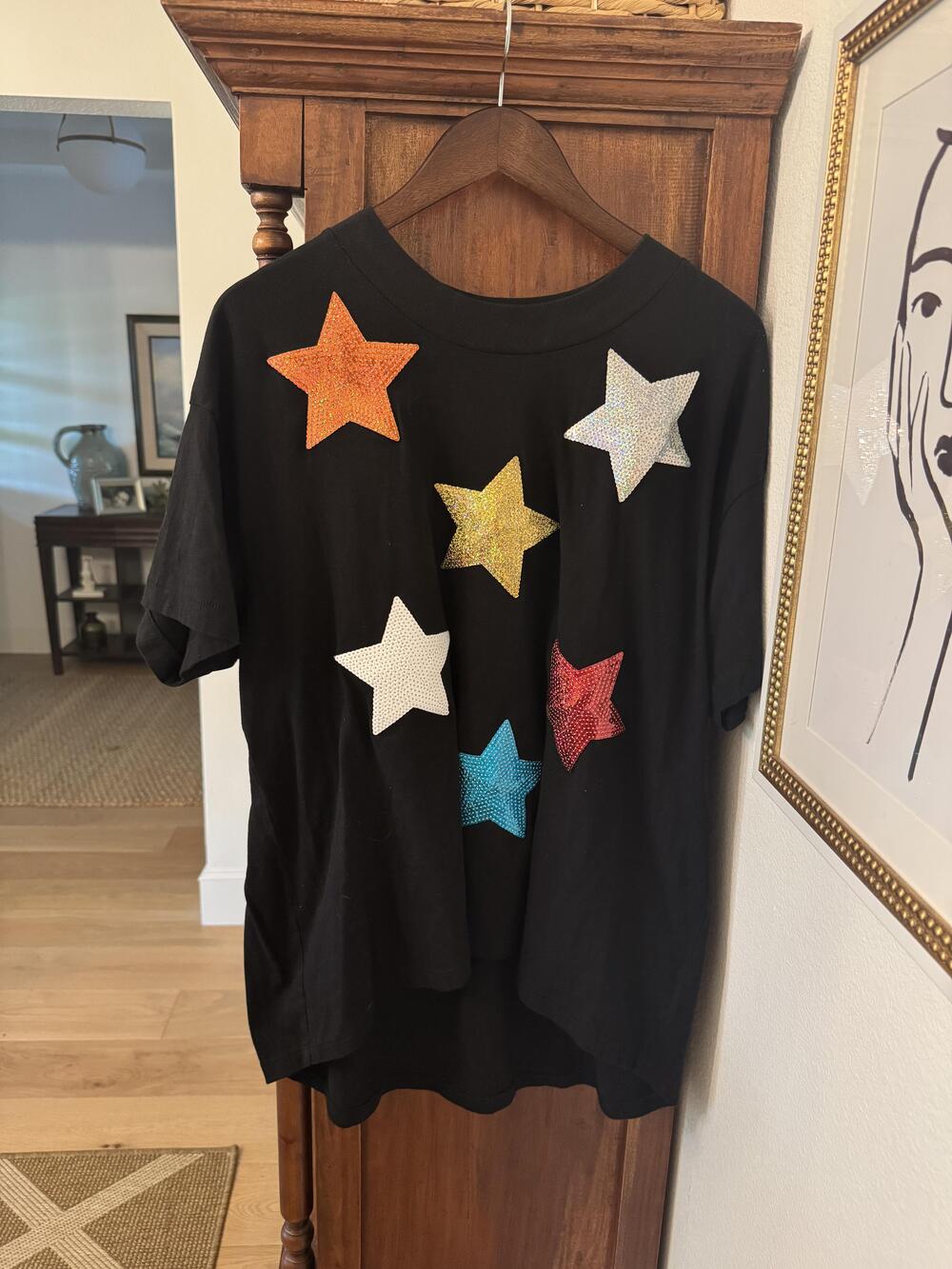 LAT Apparel Shirt Womens XL Black Sequin Glitter Star Graphic Short Sleeve Tee
